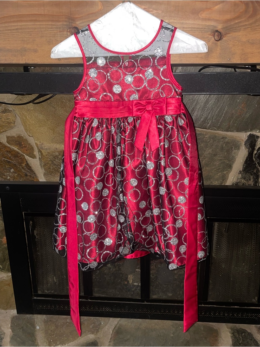 Girls' Red Silver Dot Party Dress with Satin Bow